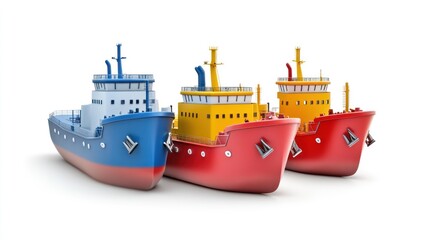 Poster - Three colorful cargo ships lined up, showcasing maritime transport.