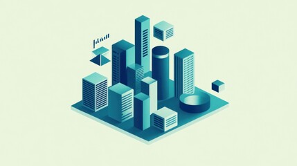 Poster - A stylized cityscape featuring various building shapes and sizes in a minimalist design.