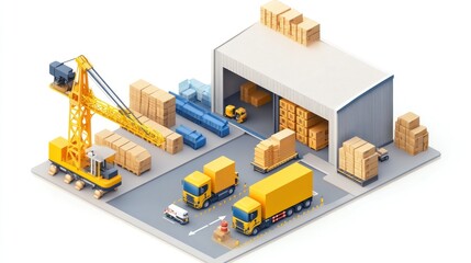 Poster - A 3D illustration of a warehouse with trucks and a crane for loading and unloading goods.