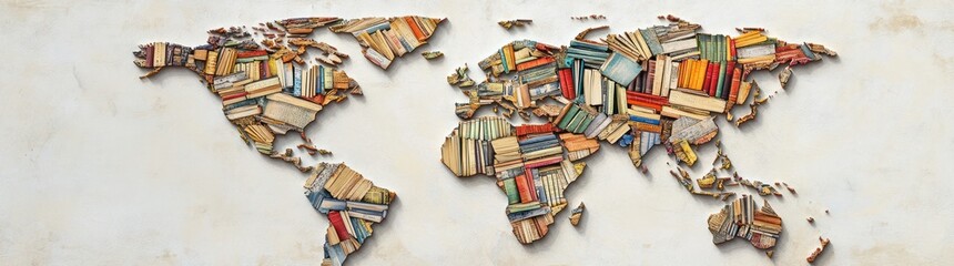 Poster - A world map creatively composed of colorful books, symbolizing knowledge and education.