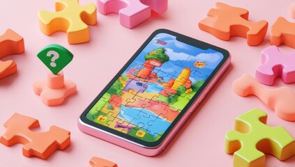 Aufkleber - A smartphone displaying a colorful puzzle game surrounded by puzzle pieces.