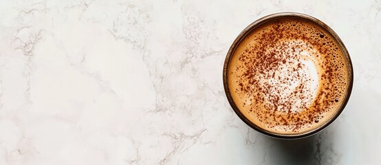 Poster - A close-up of a frothy coffee topped with cocoa powder on a light marble surface.