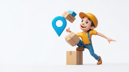 Poster - A cheerful cartoon character juggling packages and a location pin, symbolizing delivery services.