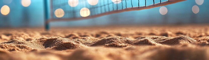 Aufkleber - A close-up view of a sandy volleyball court with a net, emphasizing a sports setting.