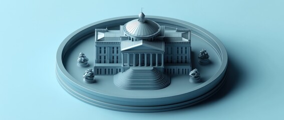 Poster - A monochromatic architectural model of a grand building with steps and sculptures.