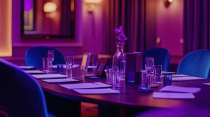 Poster - A modern meeting room set for a presentation with stylish decor and ambient lighting.