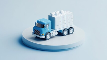 Poster - A stylized blue truck carrying cargo on a circular platform against a soft background.