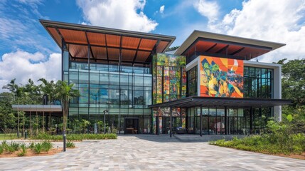 Aufkleber - Modern building with vibrant mural and landscaped surroundings.