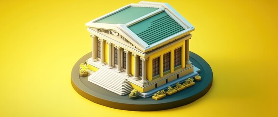 Poster - A 3D model of a classical building with columns and a green roof on a circular base.