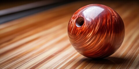 Poster - A glossy bowling ball resting on a wooden lane, ready for a game.