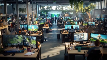 Poster - A vibrant office filled with people working on computers in a gaming environment.