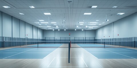 Poster - A spacious indoor tennis court with blue surfaces and a central net, designed for sports activities.