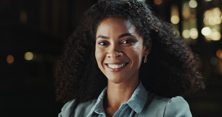 Poster - Business woman, portrait and happy for confidence, positive attitude and career pride as professional. Consultant, face and smile at night for job ambition, growth and company development in Colombia