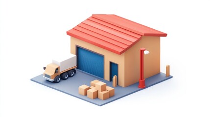 Poster - A 3D illustration of a warehouse with a delivery truck and stacked boxes.