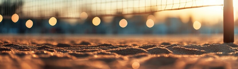 Poster - A serene beach volleyball court at sunset, with soft sand and glowing lights.