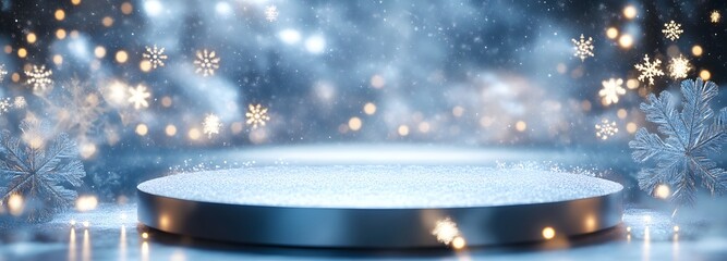 Wall Mural - a luxurious, sleek podium with crystal-like accents, surrounded by delicate snowflakes and glowing l