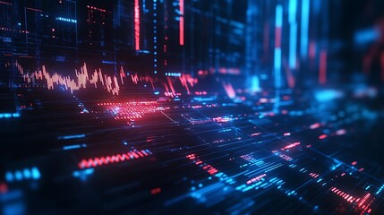 Poster - Abstract Digital Data Stream: Red and Blue Neon Glowing Lines and Graphs