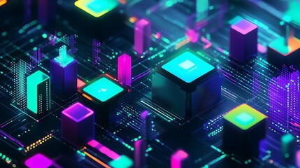 Poster - Abstract Neon Cyberpunk Cityscape: Glowing Cubes and Digital Circuits