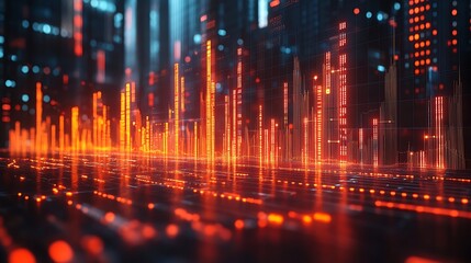 Poster - Abstract Digital Cityscape: Glowing Orange Data Streams and Towers