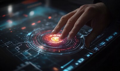 Fototapete - A hand interacts with a futuristic digital interface displaying vibrant data patterns.