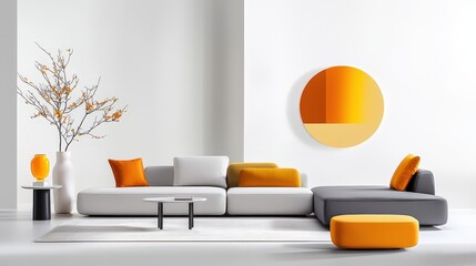 Poster - A sleek modular block sofa arranged in a bright living room, showcasing customizable individual pieces and endless composition options in modern style