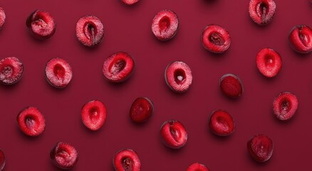 Poster - A flat lay of halved plums on a deep red background, showcasing vibrant colors and textures.