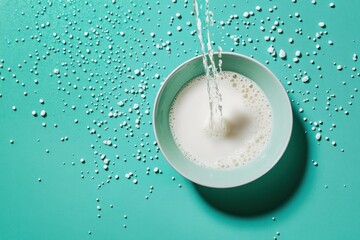 Aufkleber - A bowl of milk with water splashing into it, surrounded by droplets on a teal surface.