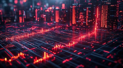 Poster - Abstract Red Data Streams Flowing Across a Futuristic Circuit Board