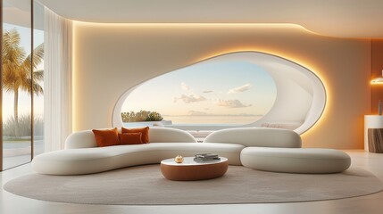Poster - Rounded sofa design with flowing edges, bringing softness and harmony to the room, paired with cozy lighting and modern furniture.