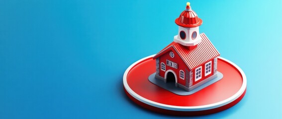 Poster - A colorful 3D model of a red schoolhouse on a circular base against a blue background.
