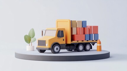 Poster - A stylized yellow truck loaded with colorful boxes, set on a minimalistic background.