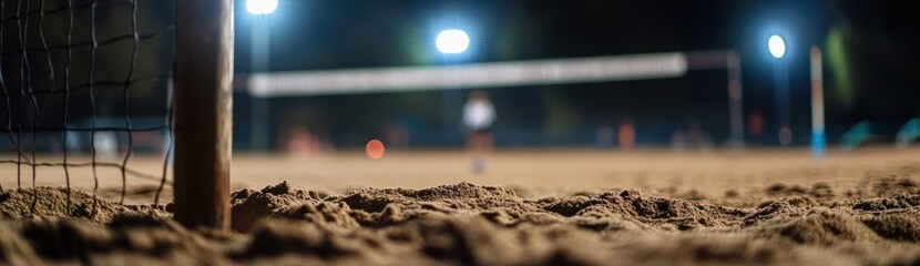 Poster - A blurred view of a sports field at night, with a focus on a goalpost and sandy ground.