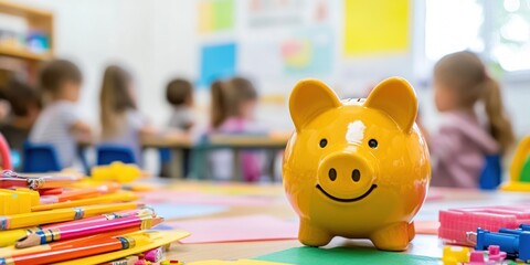 Aufkleber - A cheerful yellow piggy bank in a classroom filled with school supplies and children in the background.