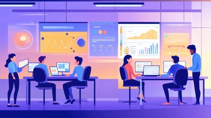 Poster - A team of young innovators brainstorming in a bright startup office, with open laptops, tablets, and digital screens displaying charts and ideas