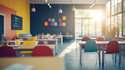 Aufkleber - A colorful classroom with desks and chairs, designed for learning and creativity.