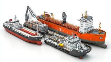Poster - Three types of ships, including a cargo ship, tanker, and tugboat, showcasing maritime industry.