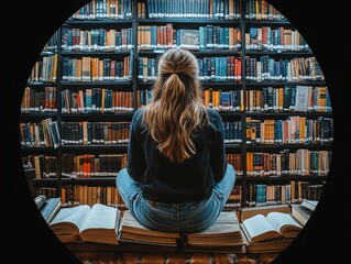 Poster - Engaged students exploring knowledge in a university library full of books and resources