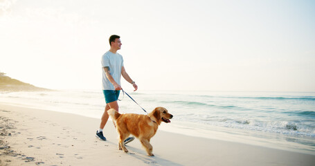 Wall Mural - Travel, man and walking with dog at beach for fun adventure, wellness exercise and bonding with companion. Mockup, owner and pet on leash by ocean for cardio workout, fresh air and exploring nature