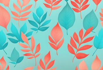 Wall Mural - Gradient colored leaves fading from turquoise to coral on a soft gradient background, AI Generated