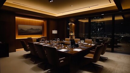 Poster - Elegant conference room with a large table and city view, designed for meetings or gatherings.