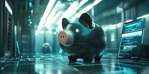 Poster - A futuristic piggy bank in a high-tech environment, symbolizing digital finance.