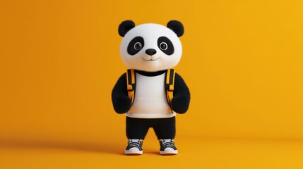 Poster - A cute cartoon panda wearing a backpack and sneakers against a bright yellow background.