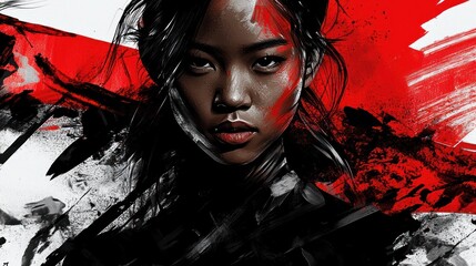 Aufkleber - A striking portrait of a woman with bold red and black brush strokes, conveying emotion and intensity.