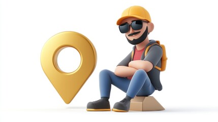 Poster - A cartoon character with sunglasses and a backpack sits beside a location pin icon.