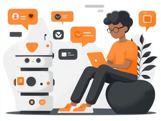 Poster - Virtual assistant interacting with users in a digital workspace delivering information and completing tasks online tech-focused environment user-centric concept