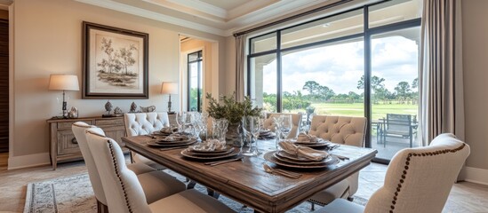 Elegant dining room with a view of a golf course and a wooden table set with white plates and silverware.