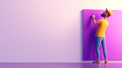 Poster - A person hanging a purple panel on a wall, showcasing a creative workspace.