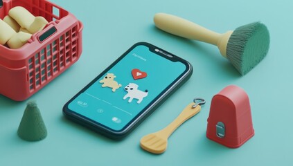 Aufkleber - A smartphone displaying pet icons alongside grooming tools and a basket.