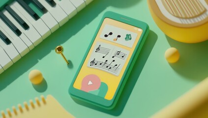 Poster - A colorful smartphone displays musical notes, surrounded by musical instruments and elements.