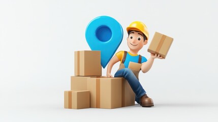 Poster - A cheerful character in a hard hat sits on boxes, holding a package with a location pin nearby.